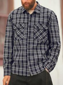 Manfinity Homme Retro American Style Men's Plaid Loose Fit Denim Shirt - Dark Wash - View 1