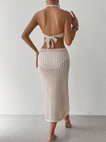 SHEIN Swim Solid Color Ring Decor Halter Backless Split Hem Sleeveless Dress Summer - Apricot - View 2
