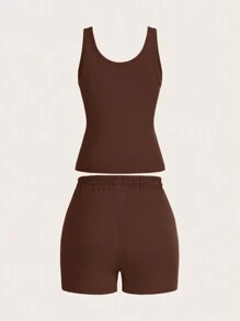 Slaydiva Women's Summer U-Neck Cropped Tank Top And Drawstring Pocket Shorts Set Outfits - Brown - View 3