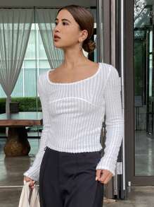 DAZY Women's Solid Color Textured Long Sleeve Fitted Crew Neck T-Shirt,Fall Women Clothes - White - View 5