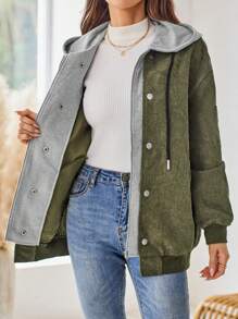 EMERY ROSE Women Color Blocking Simple Daily Long Sleeve Hooded Jacket - Army Green - View 3
