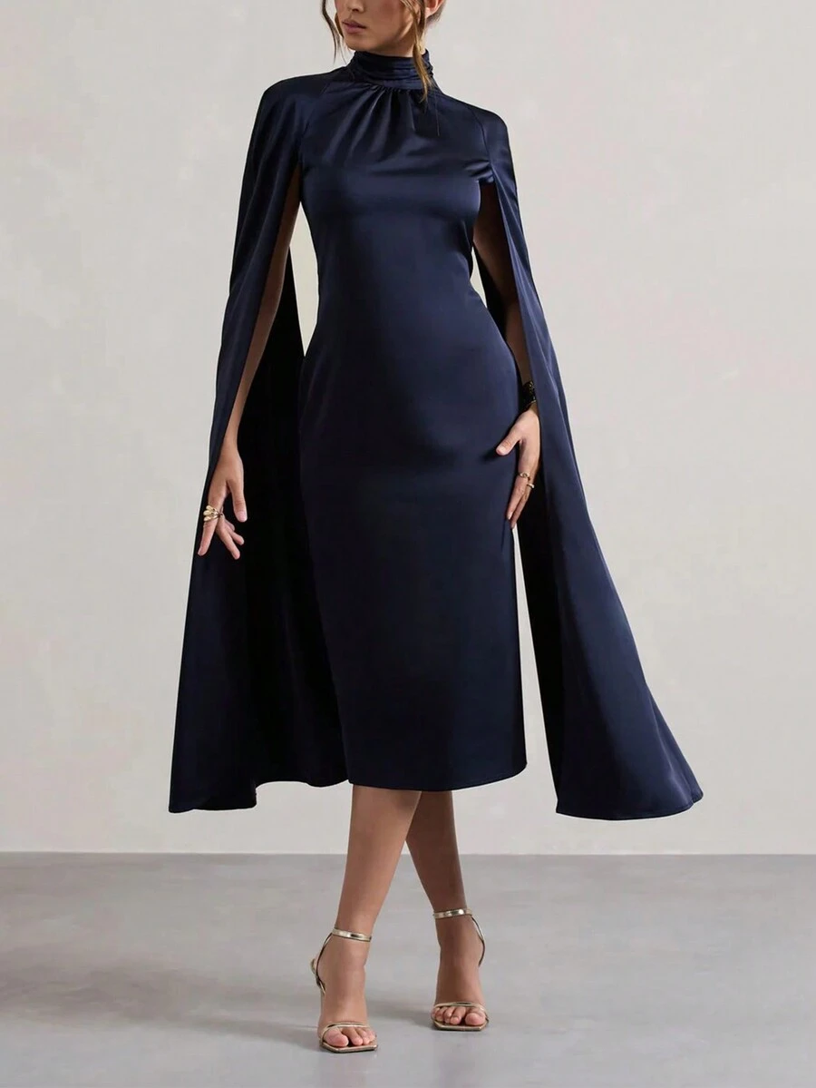 Abito elegante da donna con maniche a poncho di colore unito, abito da cocktail semi-formale adatto per festa di compleanno, matrimonio, laurea, cena, ballo di fine anno - nero - Visualizzare 1