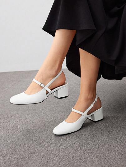 CUCCOO BIZCHIC Woman Shoes Square Toe Buckle Decor Chunky Heeled Elegant White Slingbacks For Summer Graduation Heels Prom Heels Vacation Shoes Summer Elegant Basics Business Casual Business Chic Spring Shoes Spring Break Easter For Christmas