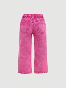 SHEIN Young Girls Y2K Rose Red Fashion Washed High-Waist Slit Hem Straight Leg Jeans,Summer Boho Thin Denim Wide-Leg Pants - Hot Pink - View 2