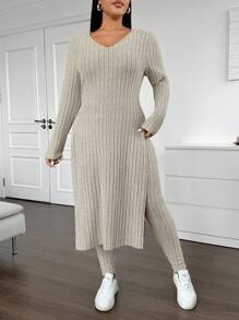 Flirla Bộ 2 món áo dài tay đơn giản màu trơn cỡ lớn cho nữ và quần dài, mặc vào mùa đông - Màu be - Xem 7