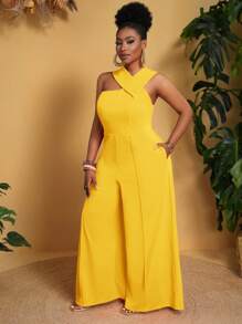 Slaydiva Plus Size Women Sleeveless Loose Solid Color With Pockets Wide Leg Jumpsuit - Yellow - View 1
