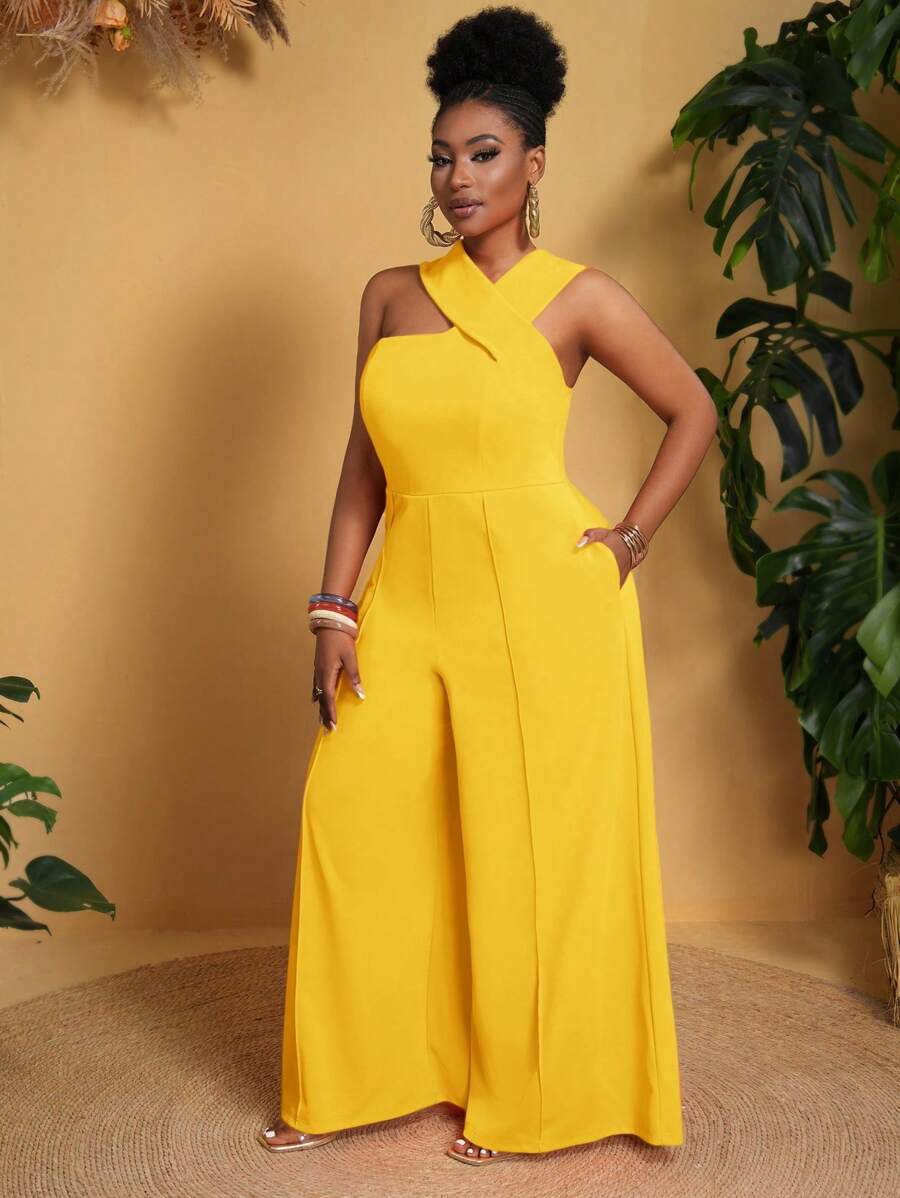 Slaydiva Plus Size Women Sleeveless Loose Solid Color With Pockets Wide Leg Jumpsuit - Yellow - View 1