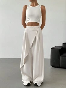 SHEIN EZwear Solid Color Minimalist Asymmetrical Loose Wide-Leg Pants, Casual Daily Wear - Beige - View 5