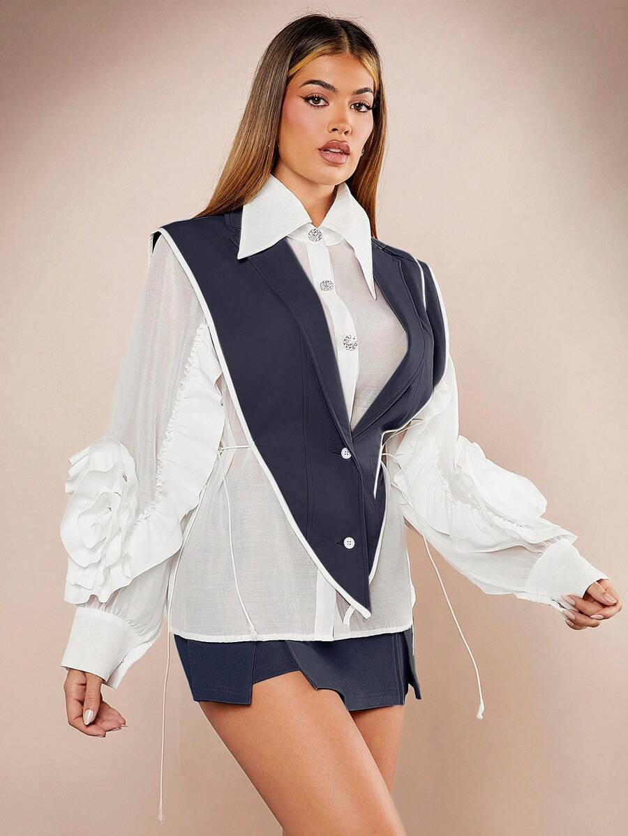 Hauture Layered Lapel Ruffle Sleeve Blouse - Dark Grey - View 1