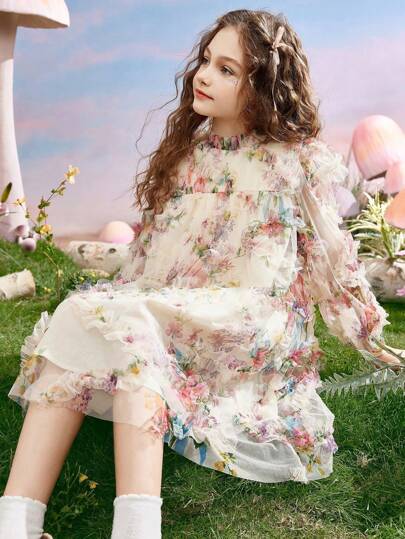 ASK JUNIOR 少女花朵3D刺繡網紗禮服裙，休閒公主裙