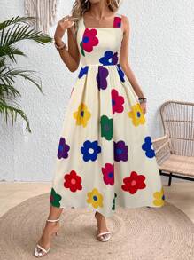 SHEIN Clasi Đầm Maxi Không Tay Cổ Vuông In Hoa Cho Nữ Trang Phục Nữ - Màu be - Xem 6