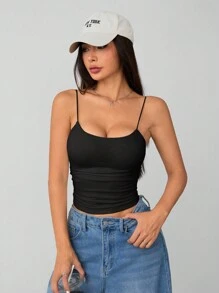 SHEIN PETITE Camiseta básica ajustada de cuello redondo, blanca, transpirable para mujeres; Camisetas de tirantes negras sin sujetador para mujer
