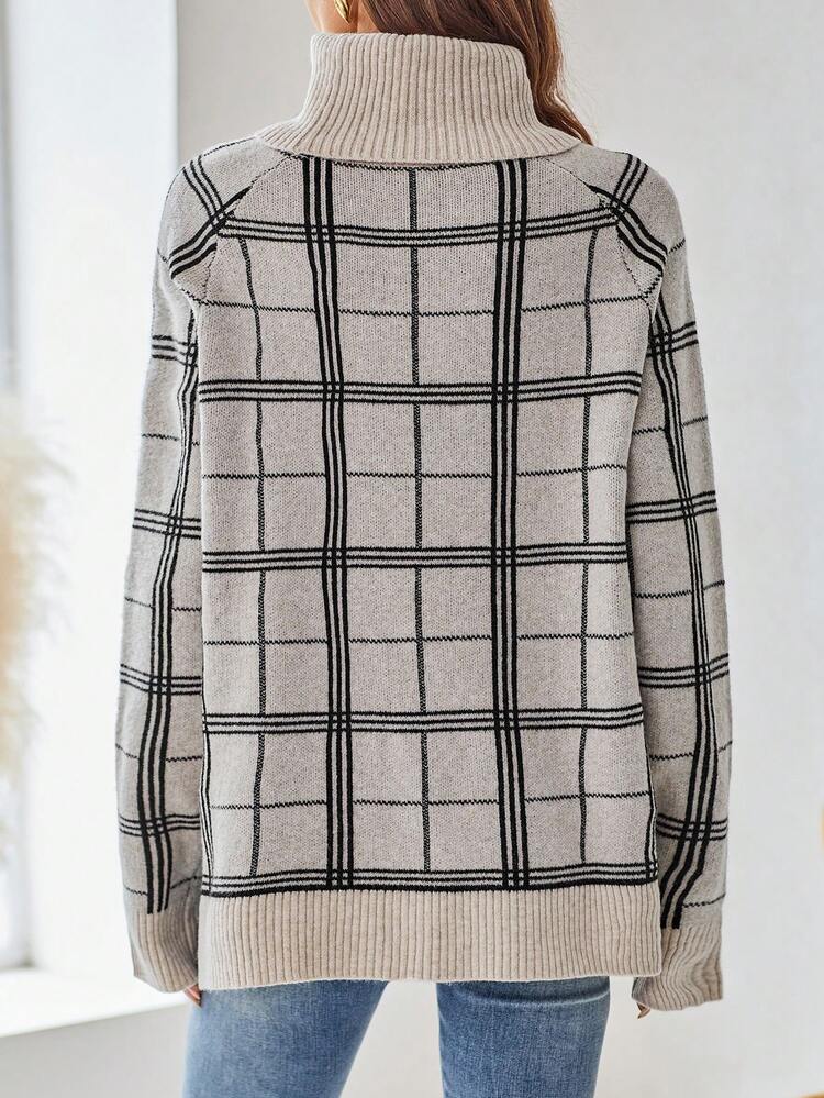 Women's Turtleneck Long Sleeve Jacquard Plaid Sweater