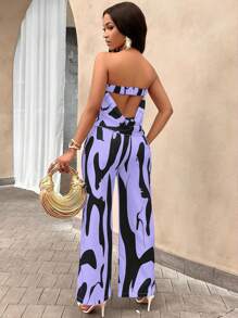 Zolique Graphic Print Backless Tube Top & Wide Leg Pants (Random Floral) - Purple - View 2