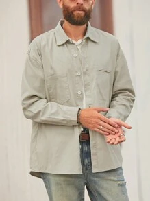 Manfinity Homme Camisa casual de mezclilla relajada en color beige para hombre