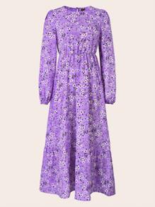 SHEIN LUNE 休闲碎花灯笼袖长裙，适合度假时穿的超长女装 - 淡紫色 - 查看 1