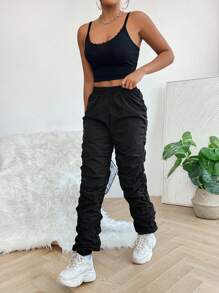 SHEIN PETITE Solid Drawstring Waist Stacked Trousers - Black - View 3