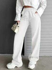 EURMUSE Women's Drawstring Solid Color Simple Straight Leg Casual Sports Versatile Pants City Break Plain White Summer - White - View 4