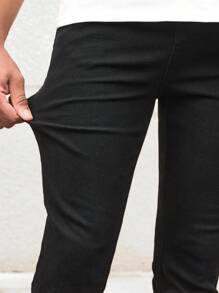 SHEIN Teen Boy Casual Fashionable Soft And Comfortable Mix Cool Black Pile Leg Stretch Jeans For Dailywear And Back To School - Black - View 3