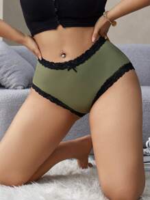 Snug Zone Plus Size Women Lace Trim Colorblock Panties Briefs - Olive Green - View 5