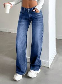 CasuGlow 女式猫须水洗直筒牛仔裤，时尚、休闲、百搭，女式纽扣、口袋、拉链超低腰直筒长蓝色宽松常规版型女式牛仔裤，春/秋，休闲日常穿着 - 藍色 - 查看 7