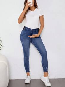 SHEIN Maternity Blue Elastic Skinny Jeans Mom Jeans - Dark Wash - View 5