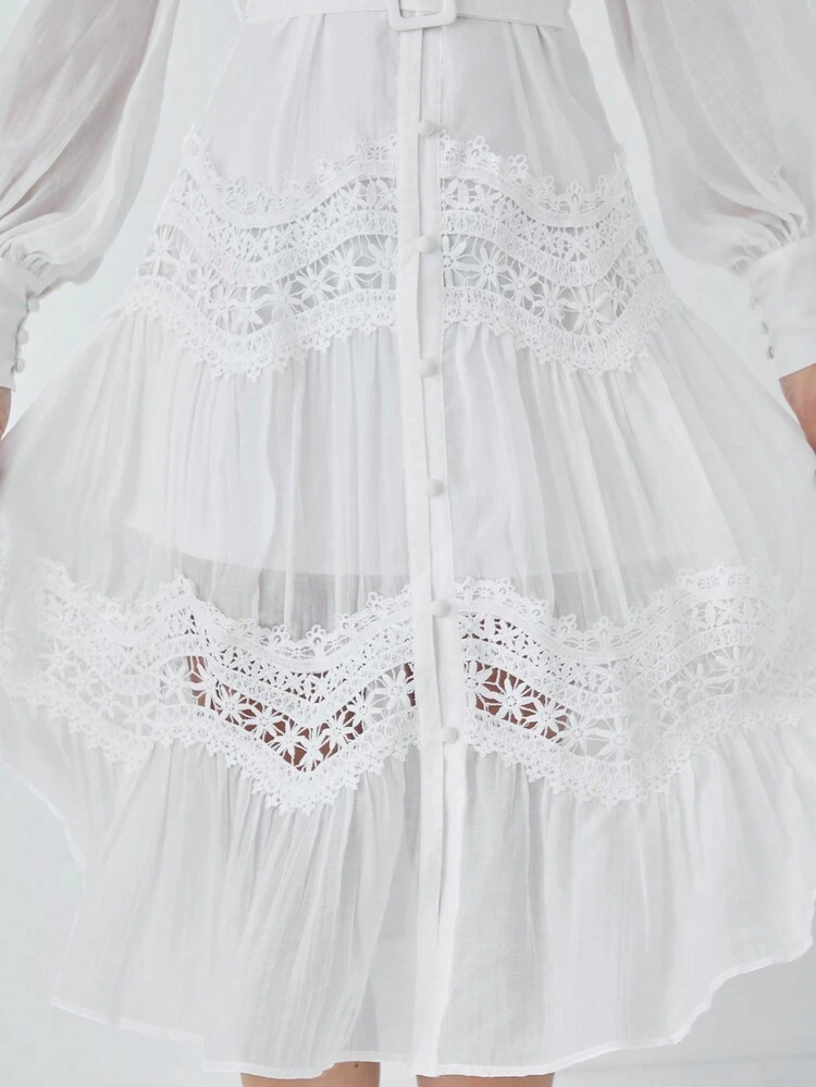 Fall Winter Fall Dresses, Long Sleeve White Dress, Lace Processing,Women's Solid Color Stand Collar Long Sleeve See-Through Dress + Slip Dress 2Pcs Set,Daily Vacation, White Women Dresses ,Winter  Dresses,Fall Winter  Women's Clothing