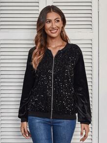 EMERY ROSE Women's Simple Long Sleeve Sequin Decorated Jacket