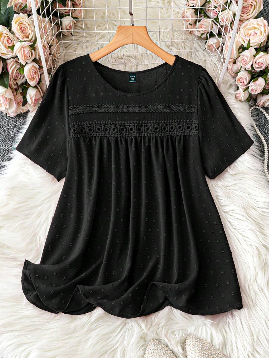SHEIN LUNE Áo Jacquard thông thường màu trơn tối giản dành cho nữ cỡ lớn - màu đen - Xem 1