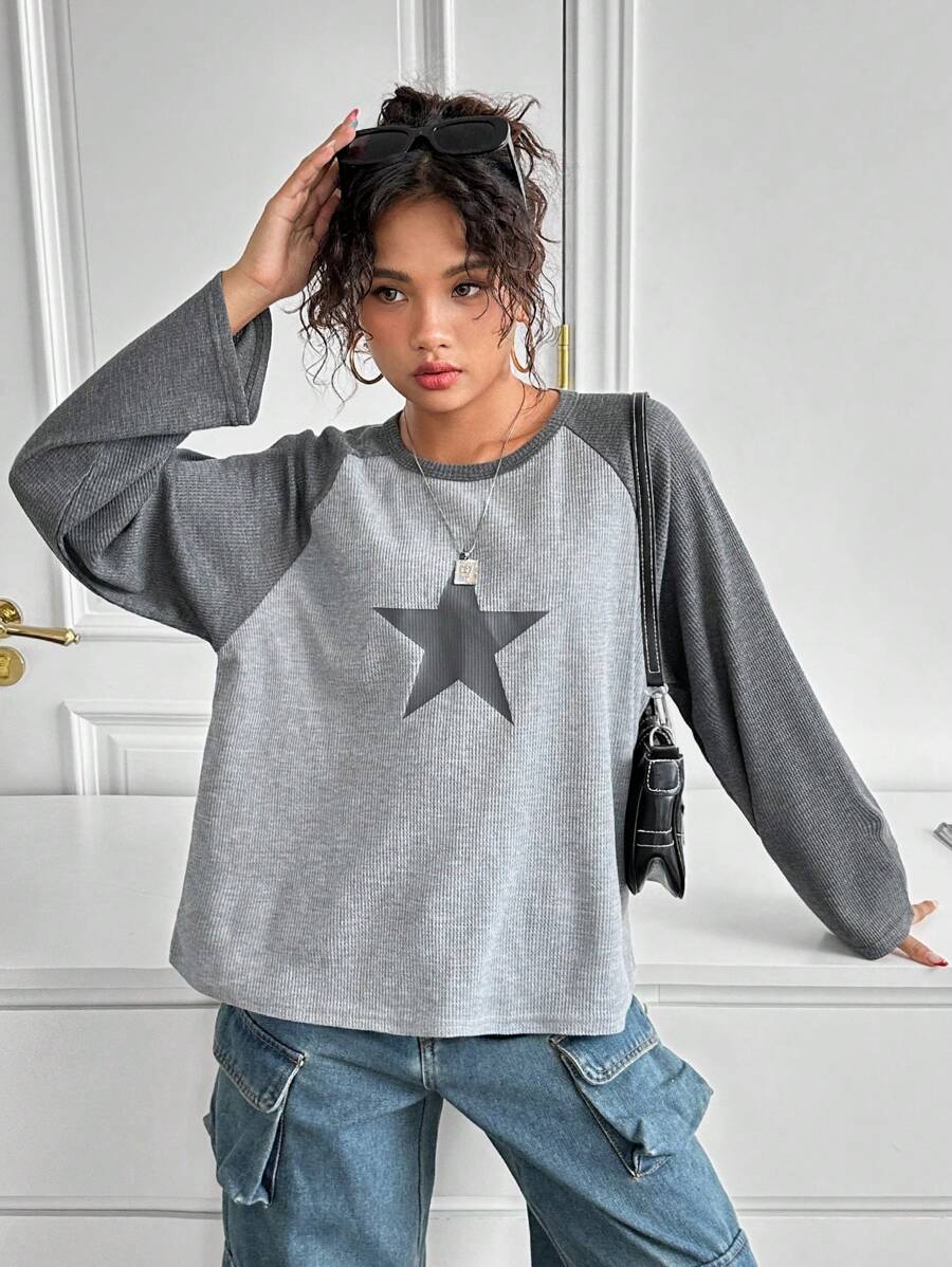 SHEIN Leap Crew 青少年女孩拼色华夫格针织星星印花长袖休闲 T 恤 - 灰色 - 查看 1