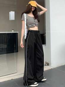 DAZY Pantalones rectos casuales para mujer con estampado de rayas laterales