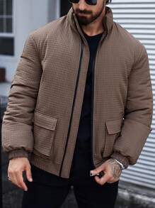 Manfinity Homme Men Solid Color Zip-Up Pocket Winter Padded Coat,Black Warm Plush Winter Coat - Brown - View 7
