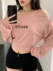 DAZY Autumn/Winter Off Shoulder Sweatshirt With Embroidered Letter, Street Style, Thermal Lined, Suitable For Valentine's Day - Pink - View 6