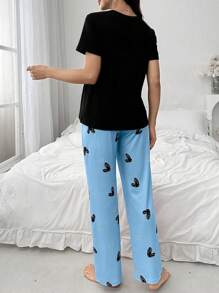 心形印花哺乳友好孕妇睡衣套装 - 黑色 - 查看 2