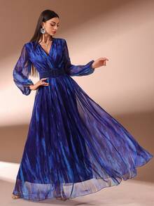 Women V-Neck Simple Daily Long Mesh Sleeve Dress (Floral Pattern Randomly Cut) - Blue - View 6