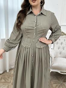 Modelyn Plus Size Button-Up Long Sleeve Striped Floral Elegant Dress, Maxi Dresses For Casual Daily/Holiday/Wedding Party/Evening
