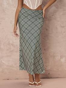 Glamine Women Plaid Print Casual Everyday Matching Slit Skirt Fall Cloth For Women - Green - View 1