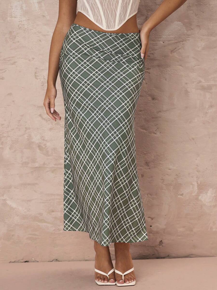 Glamine Women Plaid Print Casual Everyday Matching Slit Skirt Fall Cloth For Women - Green - View 1