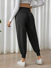 SHEIN Maternity Solid Color Adjustable Waist & Leg Cuff Casual Pants - Black - View 2