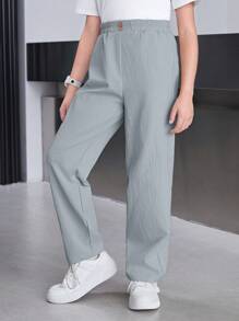 男童休闲宽松纯色长裤 - 霧霾藍 - 查看 3