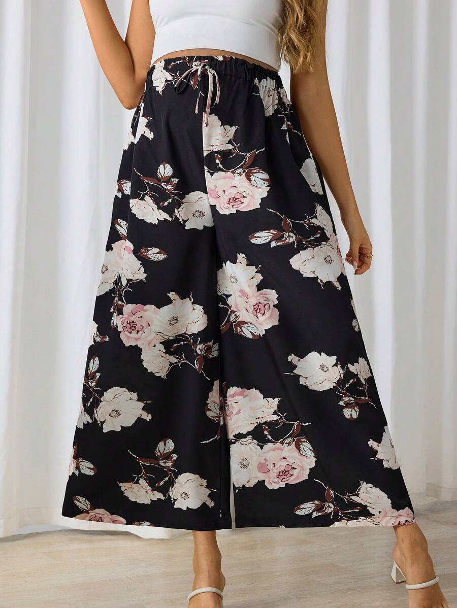 SHEIN Maternity Floral Printed Loose Casual Wide Leg Pants - Black - View 1