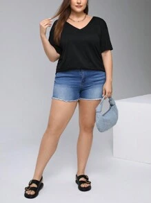 SHEIN Essnce Camiseta negra de escote en V y espalda descubierta para mujer de talla grande, camiseta entallada para volver al colegio - Negro - Ver 3