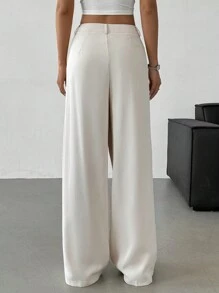 SHEIN EZwear Solid Color Minimalist Asymmetrical Loose Wide-Leg Pants, Casual Daily Wear - Beige - View 2