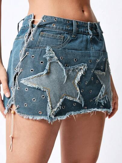 Grunge Punk Gonna patchwork in jeans vintage con applicazione di stella per donne