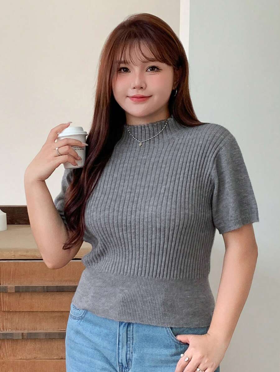 Dazy Petite Plus Áo len cổ lọ dáng ôm màu trơn cỡ lớn - Màu Xám nhạt - Xem 1