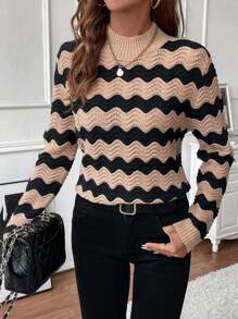 SHEIN LUNE 女士波浪条纹简约毛衣，休闲日常穿着