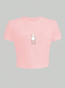 INAWLY Áo thun họa tiết ngỗng phong cách trường học dễ thương, Áo thun mùa hè bó sát in hình ngỗng Y2K gợi cảm, Áo crop top cổ tròn thường ngày cổ điển dành cho nữ Áo thun họa tiết dành cho nữ - Hồng - Xem 4