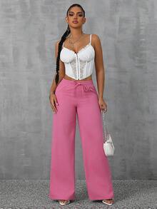 SHEIN SXY 女士休闲纯色阔腿牛仔裤 - 粉色 - 查看 3
