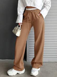 EURMUSE Women Contrast Color Waist Tie Straight Loose Casual Versatile Trousers - Coffee Brown - View 4