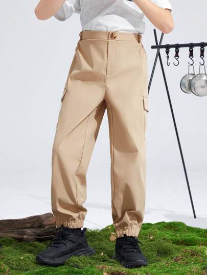 SHEIN Tween Boys' Extended Size Casual Drawstring Pocketed Jogger Pants, Loose Solid Woven Trousers